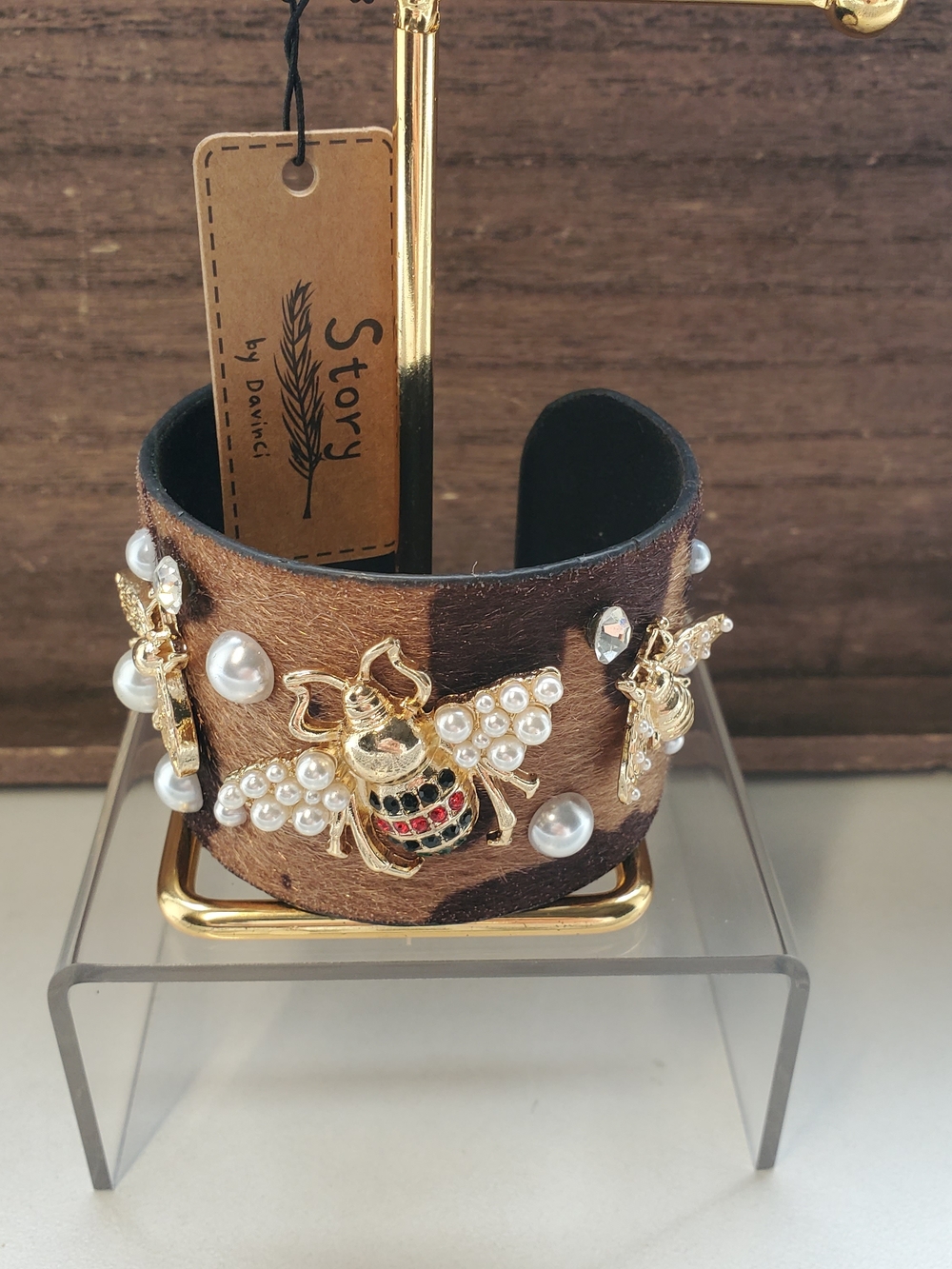 Brown Pearl & Gold Bee Cuff Bracelet
